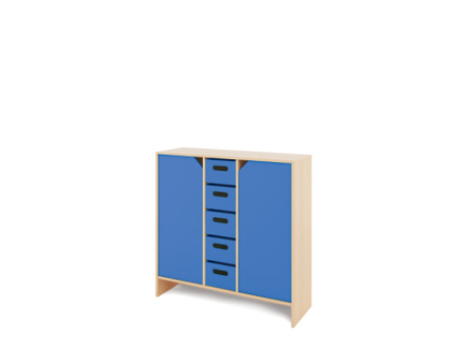 Storage Unit X with shelves and doors + deep wooden trays - Blue