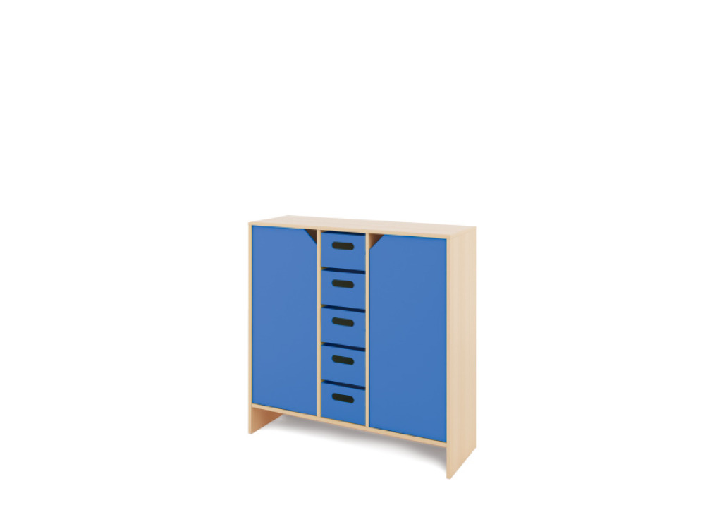 Storage Unit X with shelves and doors + deep wooden trays - Blue