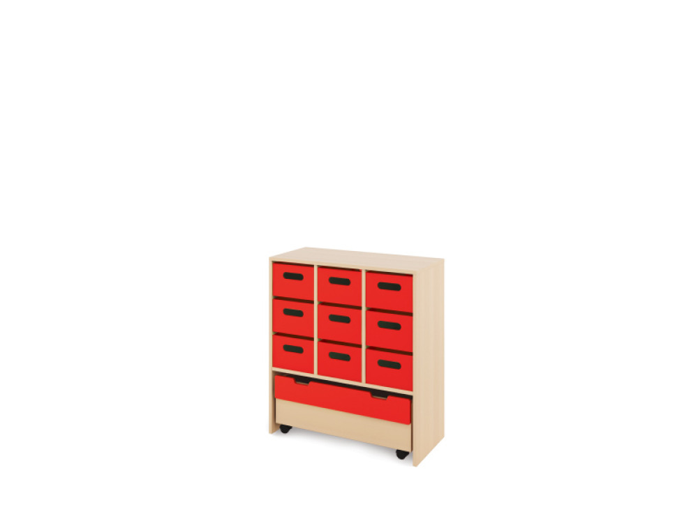 Storage Unit L with deep wooden trays + container - Red