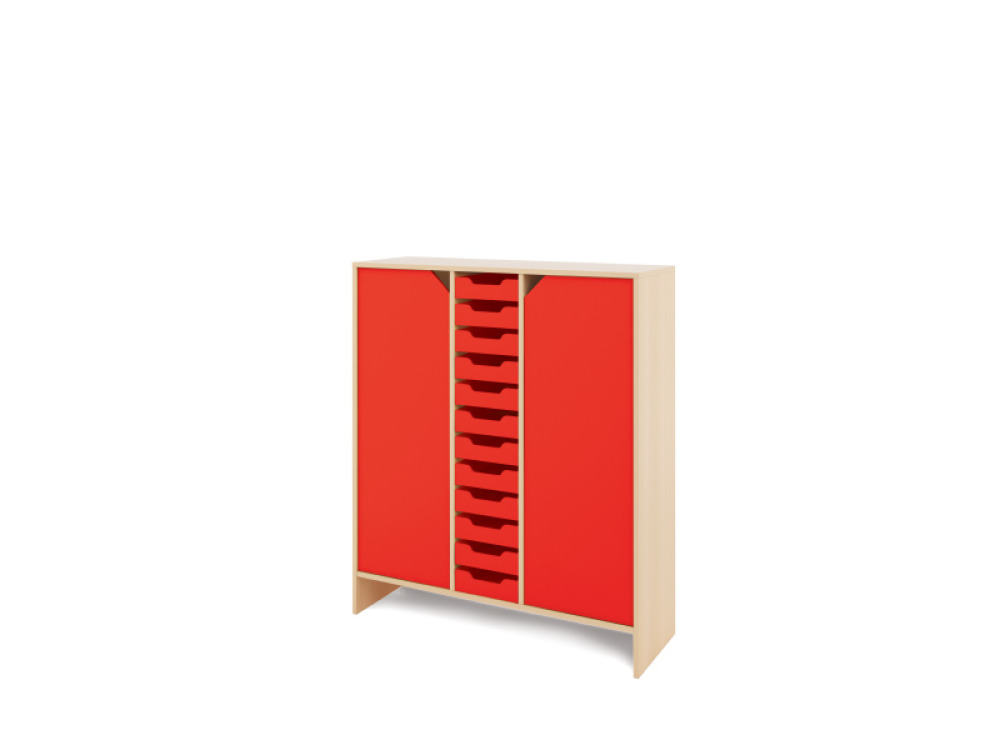 Storage Unit XL with shelves and doors + shallow cardboard trays - Red