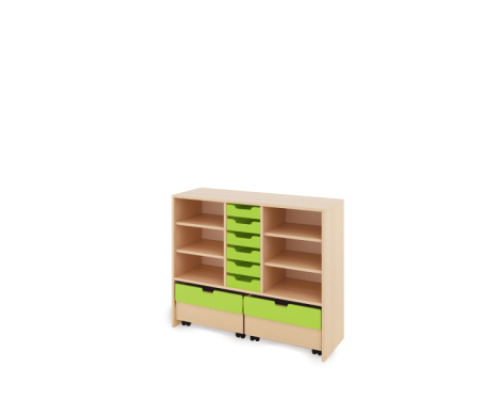 Storage Unit L with shelves + shallow cardboard trays & container - Green