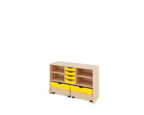 Storage Unit M with shelves + shallow cardboard trays & container - Yellow
