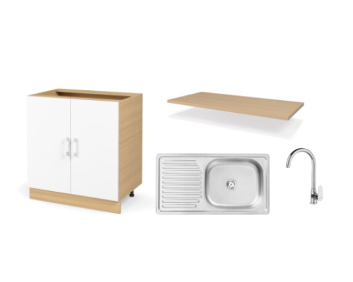 UNO set. Kitchen cabinet 80 cm with sink, faucet and countertop in oiled oak colour. Master Kitchen Collection