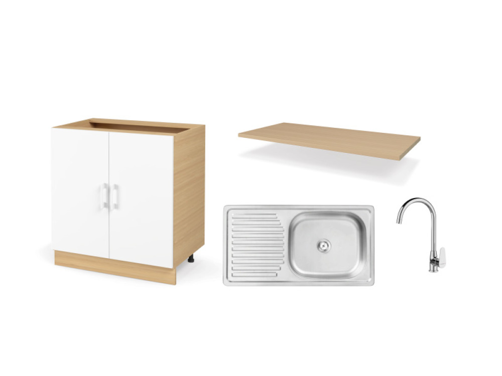 UNO set. Kitchen cabinet 80 cm with sink, faucet and countertop in oiled oak colour. Master Kitchen Collection