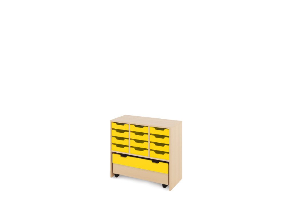 Storage Unit M with shallow wooden trays + container - Yellow