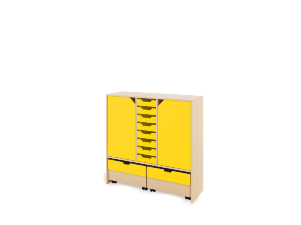 Storage Unit X with shelves and doors + shallow wooden trays & container - Yellow