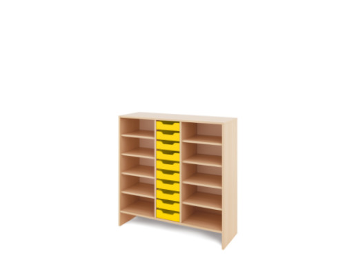Storage Unit X with shelves + shallow wooden trays - Yellow