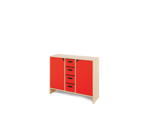 Storage Unit L with shelves and doors + deep wooden trays - Red