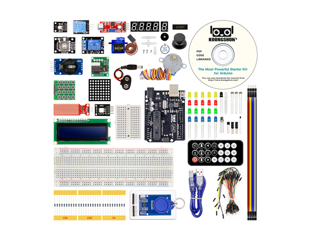 Microcontroller with sensors and accessories. The biggest starter kit for Arduino
