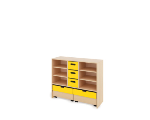 Storage Unit L with shelves + deep cardboard trays & container - Yellow