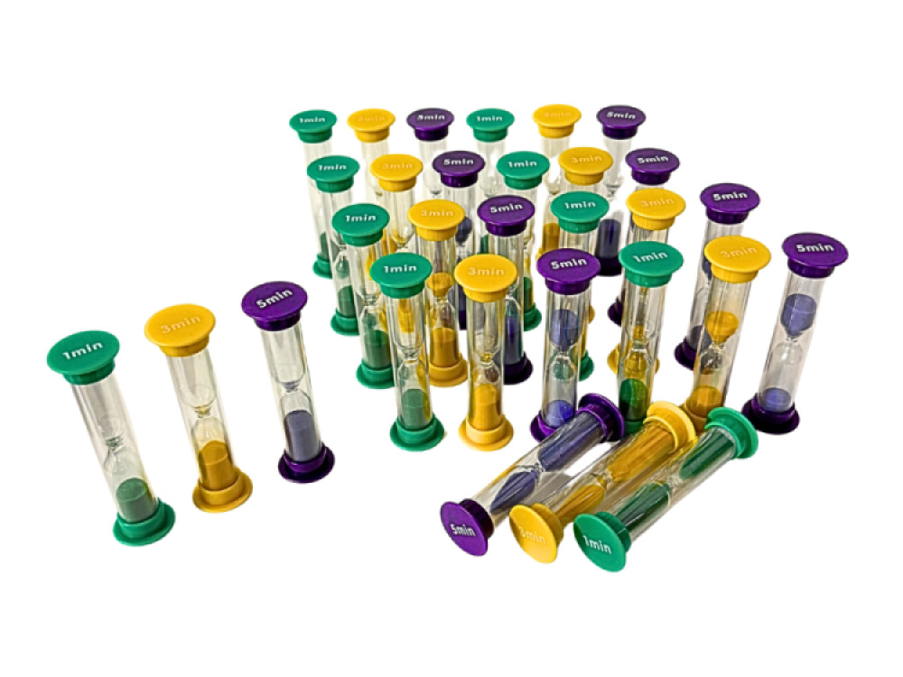 Set of 30 Mini Sand Timers – Class Pack (10×1 min. 10×3 min. 10×5 min.)