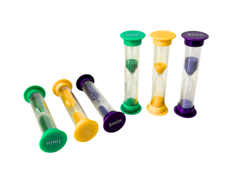 Set of 30 Mini Sand Timers – Class Pack (10×1 min. 10×3 min. 10×5 min.)