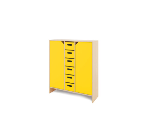 Storage Unit XL with shelves and doors + deep wooden trays - Yellow
