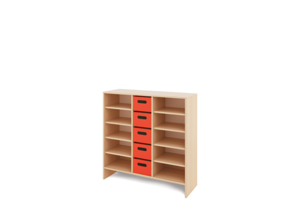 Storage Unit X with shelves + deep wooden trays - Red