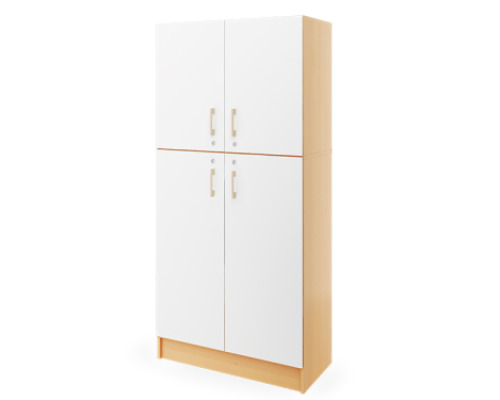 Prima. Tall cabinet with two pairs of doors and shelves, white, beech