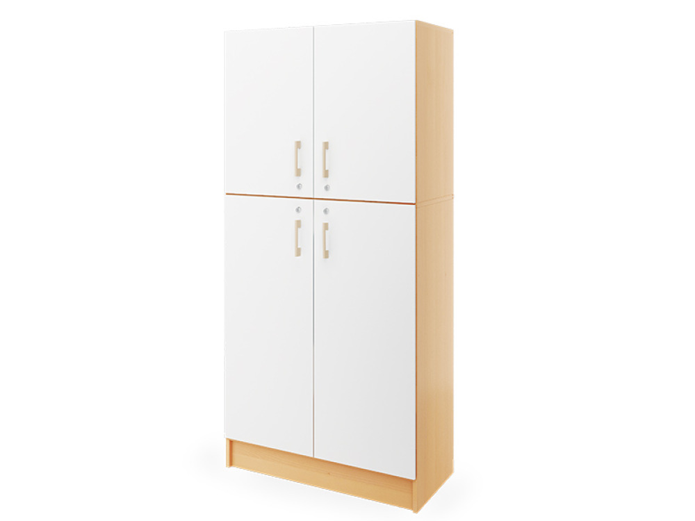Prima. Tall cabinet with two pairs of doors and shelves, white, beech