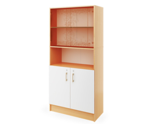 Prima. Tall cabinet with one pair of doors and one pair of glass doors and a shelf, white, beech