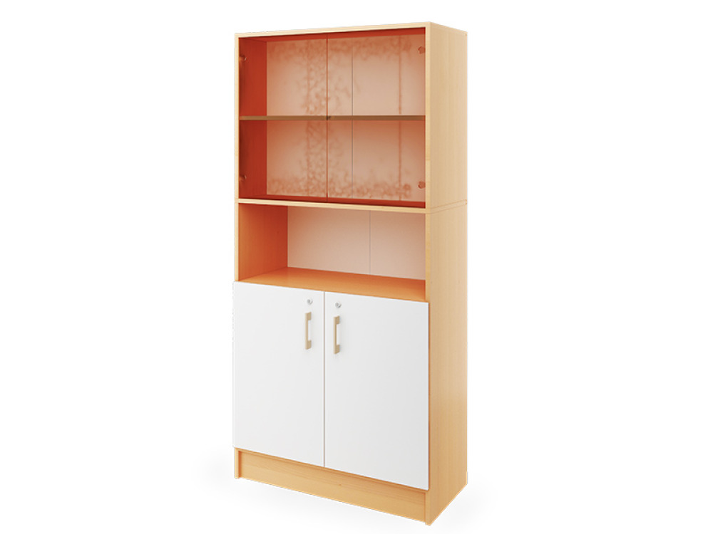 Prima. Tall cabinet with one pair of doors and one pair of glass doors and a shelf, white, beech
