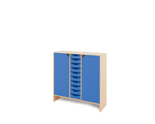 Storage Unit X with shelves and doors + shallow cardboard trays - Blue
