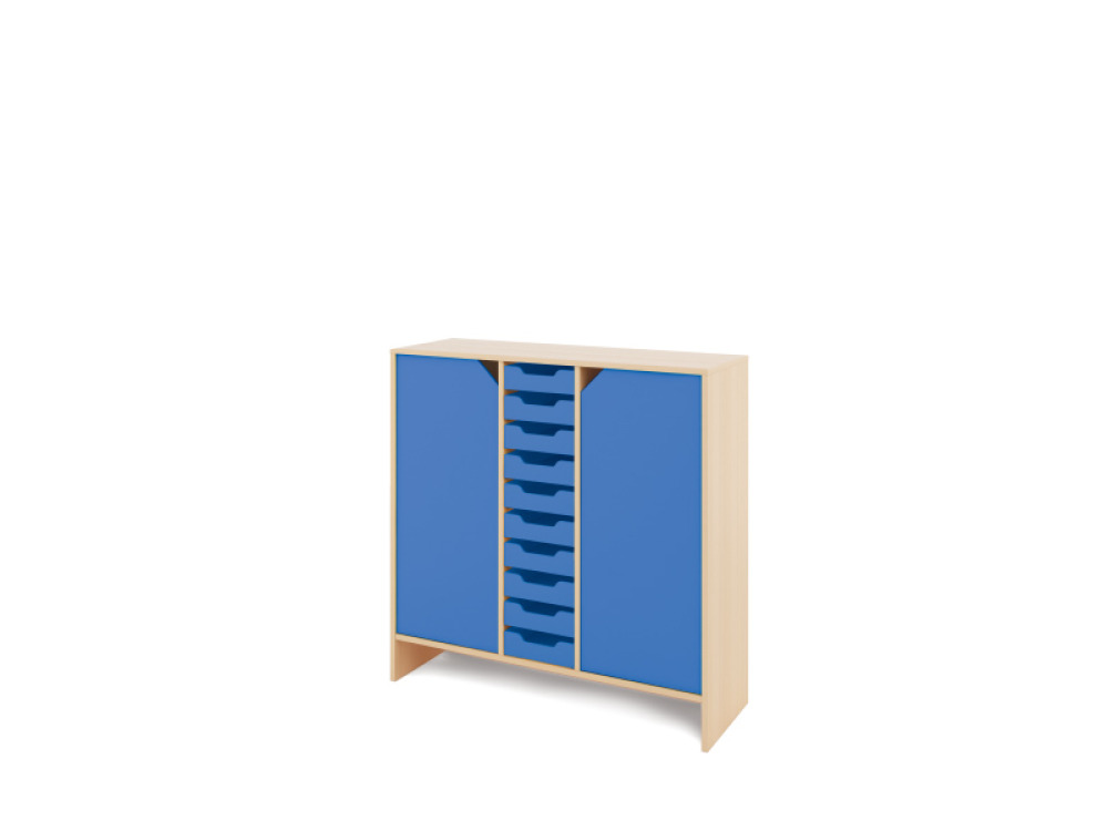 Storage Unit X with shelves and doors + shallow cardboard trays - Blue