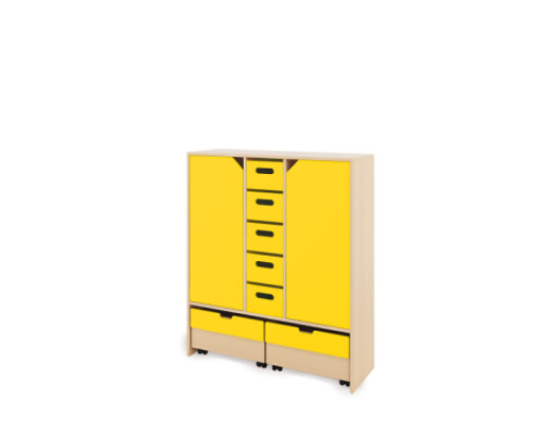 Storage Unit XL with shelves and doors + with deep wooden trays & container - Yellow