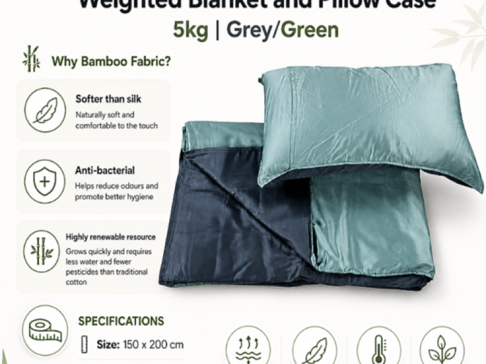 Light Weight Breathable Bamboo Fabric Weighted Blanket and Pillow Case 5kg | Grey/Green