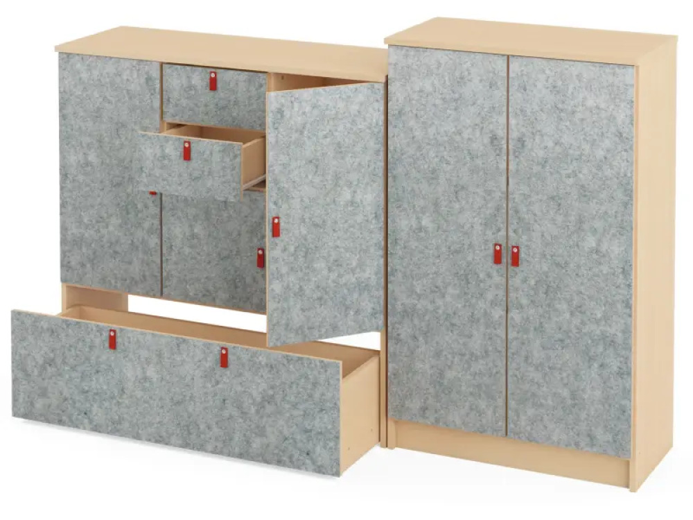 Grey wide wheeled storage box with felt front. Cubo Acoustic Collection