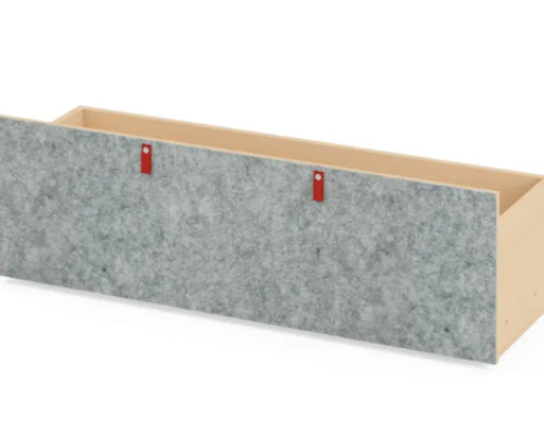 Grey wide wheeled storage box with felt front. Cubo Acoustic Collection