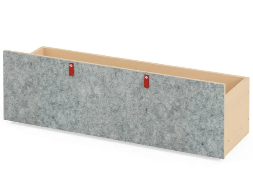 Grey wide wheeled storage box with felt front. Cubo Acoustic Collection