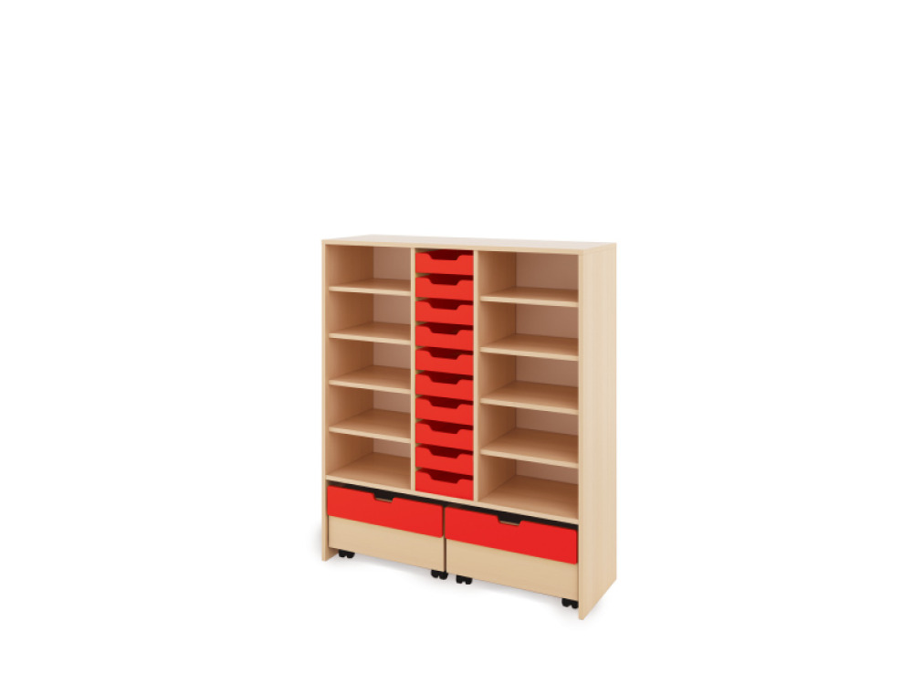 Storage Unit XL with shelves + shallow wooden trays & container - Red