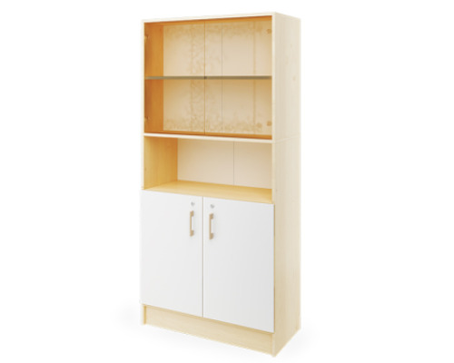 Prima. Tall cabinet with one pair of doors and one pair of glass doors and a shelf, white, birch