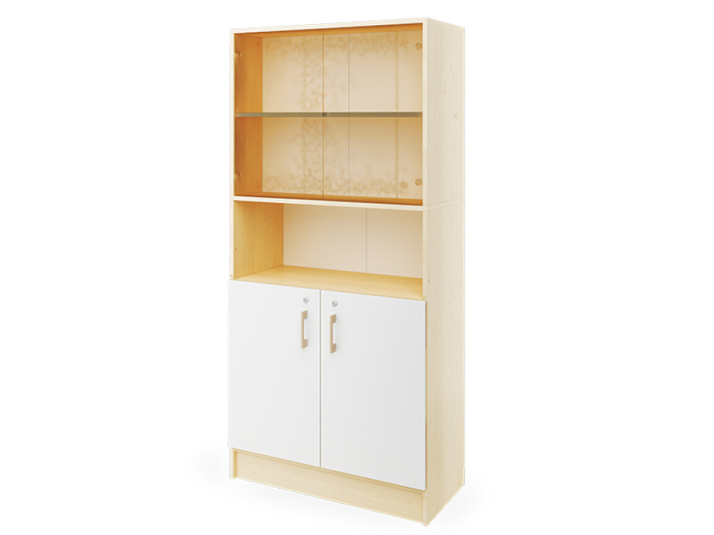 Prima. Tall cabinet with one pair of doors and one pair of glass doors and a shelf, white, birch