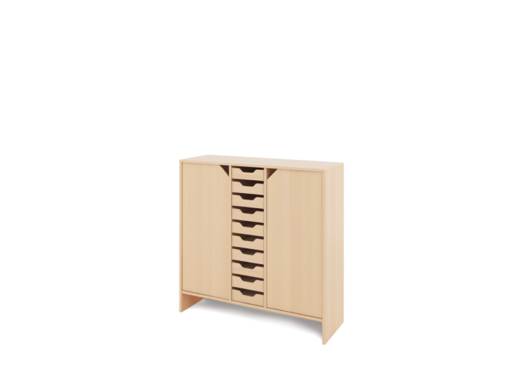 Storage Unit X with shelves and doors + shallow wooden trays - Eko