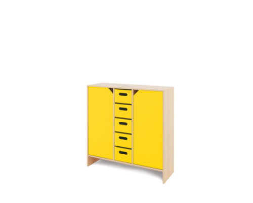 Storage Unit X with shelves and doors + deep wooden trays - Yellow
