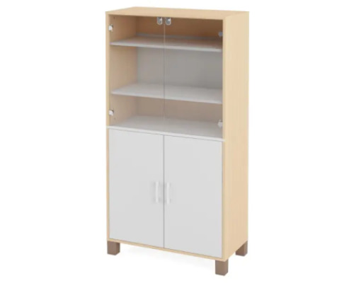 High wardrobe with shelves, glass doors and white doors. Fresh Collection