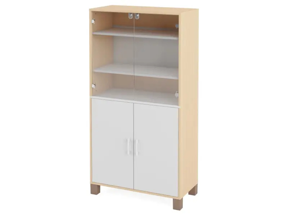 High wardrobe with shelves, glass doors and white doors. Fresh Collection