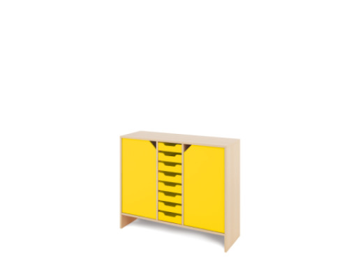 Storage Unit L with shelves and doors + shallow wooden trays - Yellow