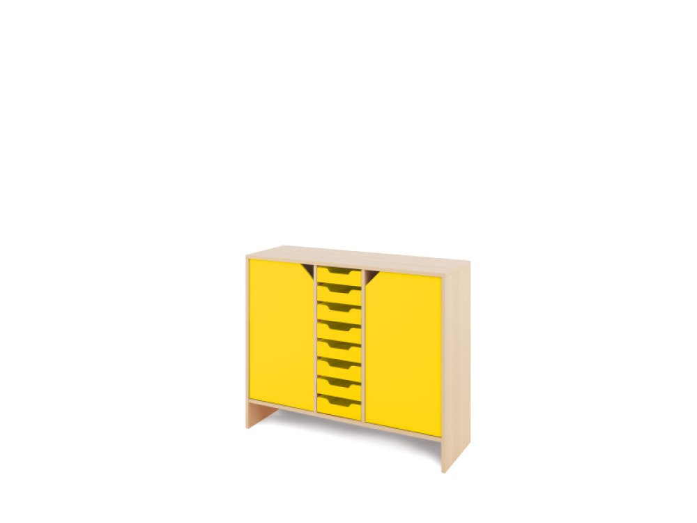 Storage Unit L with shelves and doors + shallow wooden trays - Yellow