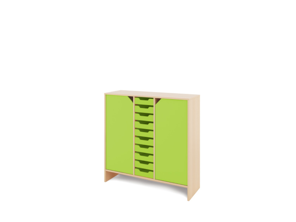 Storage Unit X with shelves and doors + shallow wooden trays - Green