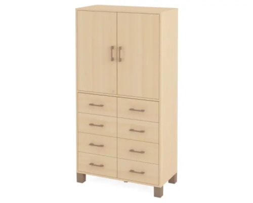 A tall wardrobe with drawers and a door with a lock. Birch. Fresh Collection