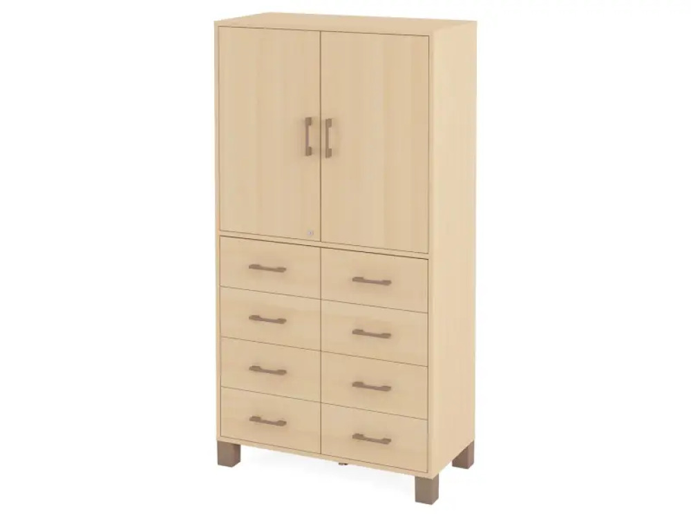 A tall wardrobe with drawers and a door with a lock. Birch. Fresh Collection