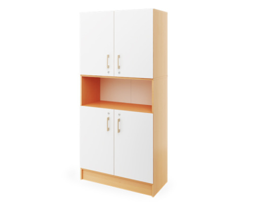 Prima. Tall cabinet with two pairs of doors and a shelf, white, beech