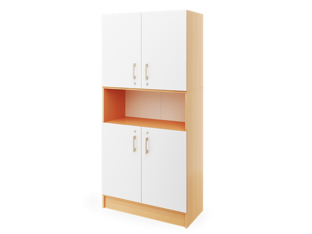 Prima. Tall cabinet with two pairs of doors and a shelf, white, beech