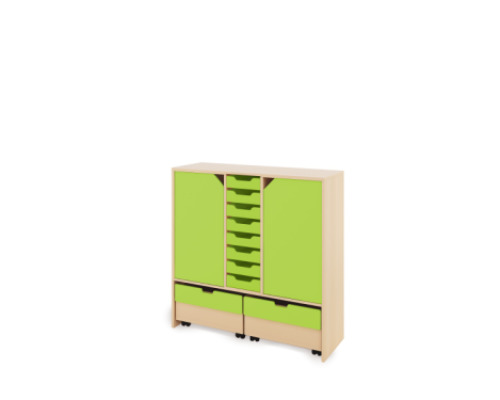 Storage Unit X with shelves and doors + shallow cardboard trays & container - Green