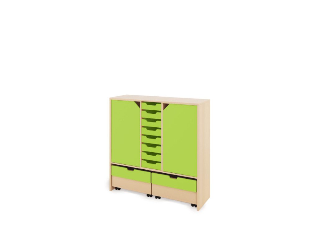 Storage Unit X with shelves and doors + shallow cardboard trays & container - Green