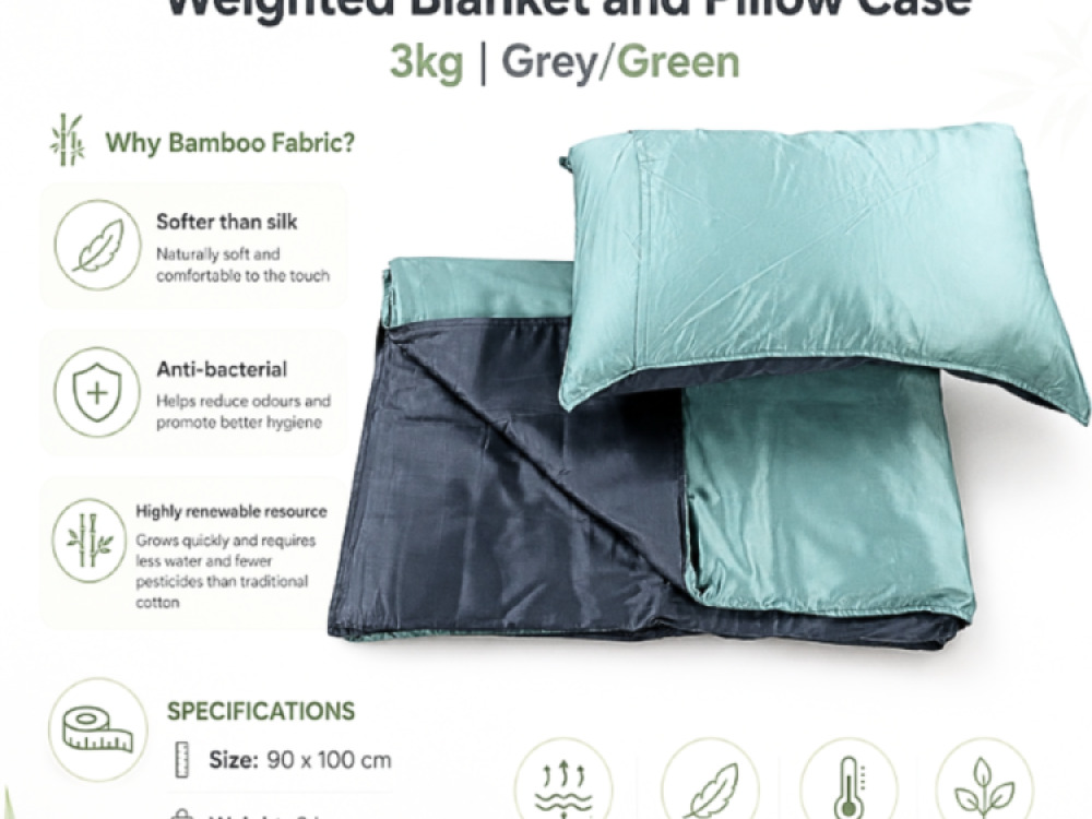 Light Weight Breathable Bamboo Fabric Weighted Blanket and Pillow Case 3kg | Grey/Green