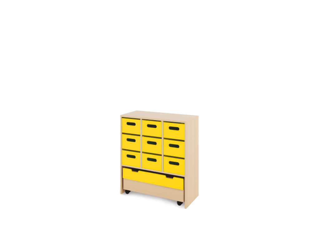 Storage Unit L with deep wooden trays + container - Yellow