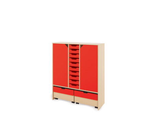 Storage Unit XL with shelves and doors + shallow cardboard trays & container - Red