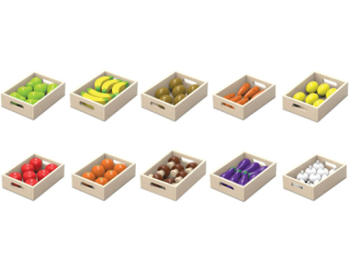 Fruits and vegetables in wooden boxes. Classroom set