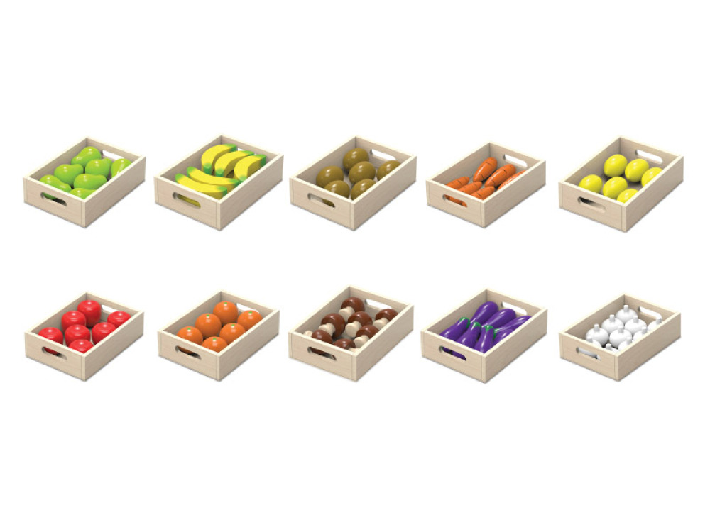 Fruits and vegetables in wooden boxes. Classroom set